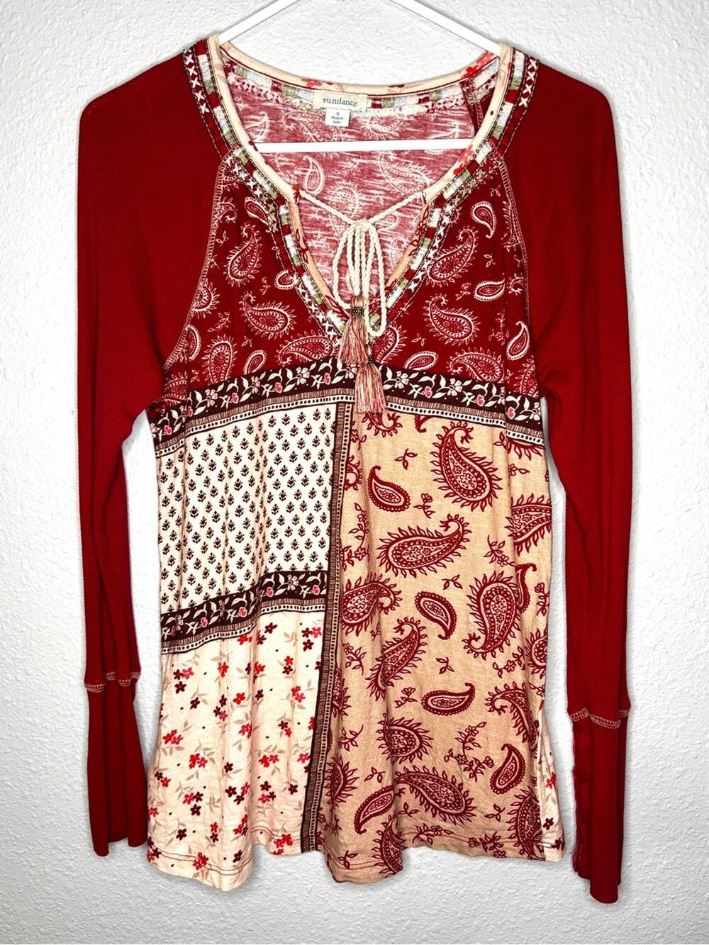 Sundance Red Thermal Sleeve Patchwork Embroidered Tee w/ Tassels S